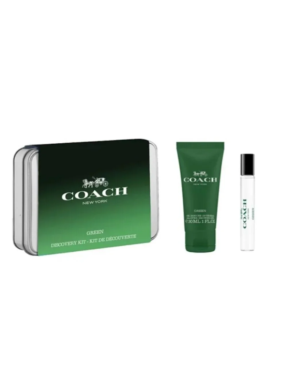 Coach Green EDT Discovery Kit-Metal Box,Shower Gel 30ml&Mini Spray 7.5ml-2pc-NEW